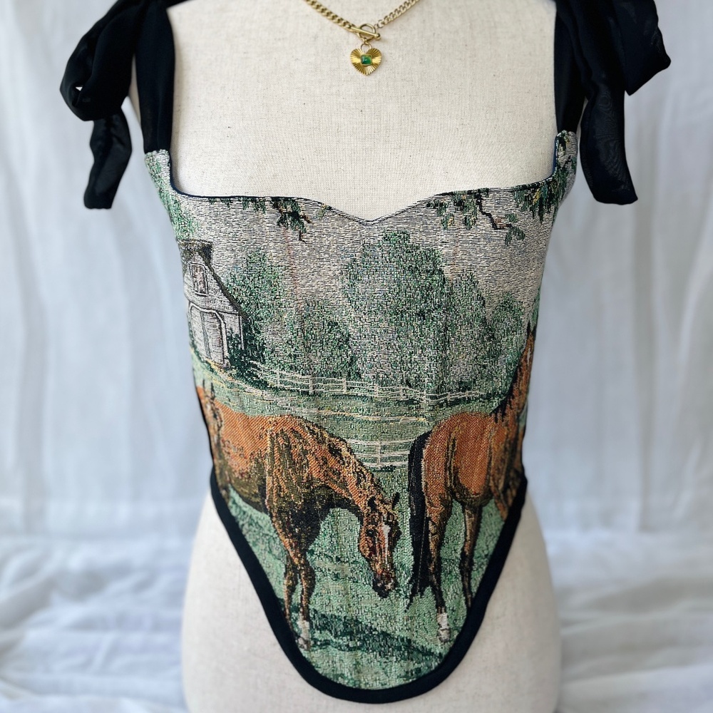 Vintage Horses Tapestry Corset Top: Handmade Lace-Up Bustier Size Medium